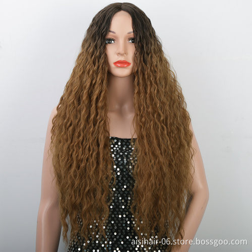 Dark Root Heat Friendly Resistant Vendors Lace Front Wholesale Highlight High Quality Curly Black Synthetic Wigs